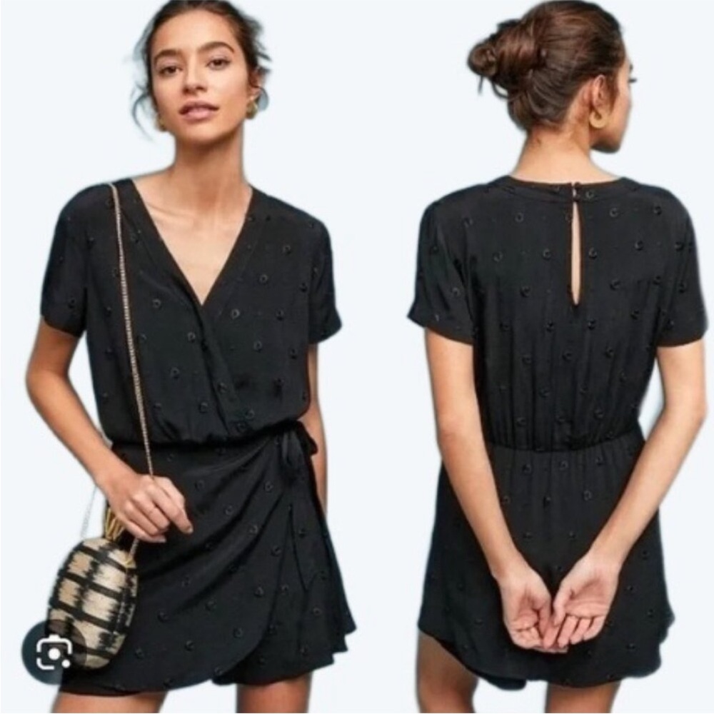 ETT:TWA By Anthro Black Greenbrier Embroidery Wrap V-Neck Romper